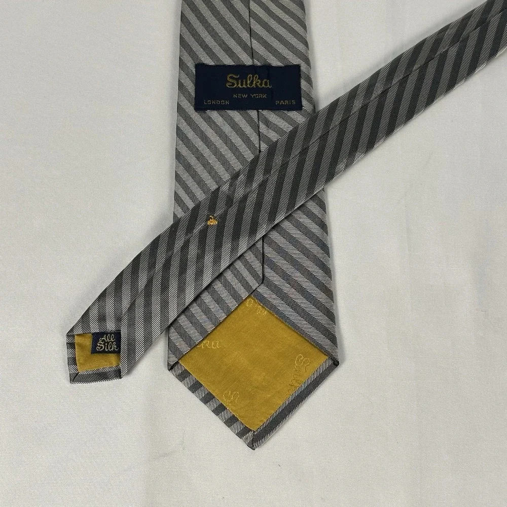 Sulka Silk Tie Silver Gray Herringbone Stripe Classic 3.25